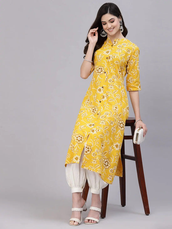 Women's Floral Print Rayon A-Line Kurta-FIONAMUSTARD-S