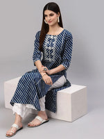 Women's Lehariya Printed Cotton Straight Kurta-TULUBLUE-S