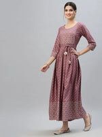 Women's Gold & Khari Printed Rayon Flared Long Ethnic Dress-SONYMAUVE-S