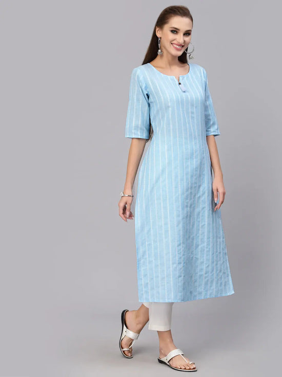 Women's Self Woven Striped Cotton Blend Straight Kurta-BLUEYASHI-S