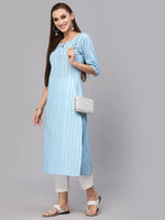 Women's Self Woven Striped Cotton Blend Straight Kurta-BLUEYASHI-S