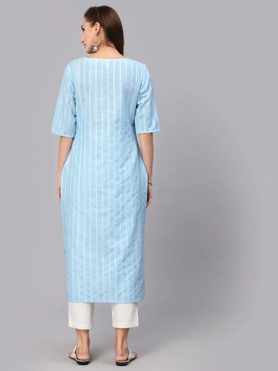 Women's Self Woven Striped Cotton Blend Straight Kurta-BLUEYASHI-S