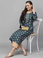 Women's Gold Printed Rayon Straight Kurta-TORUTEAL-S