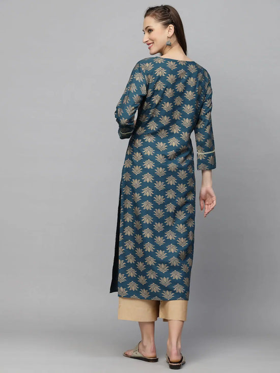 Women's Gold Printed Rayon Straight Kurta-TORUTEAL-S