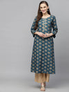 Women's Gold Printed Rayon Straight Kurta-TORUTEAL-S