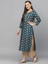 Women's Gold Printed Rayon Straight Kurta-TORUTEAL-S