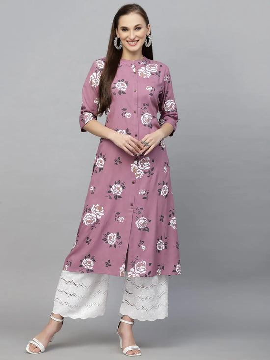 Women's Floral Printed A-Line Kurta-JIOMAUVE-S