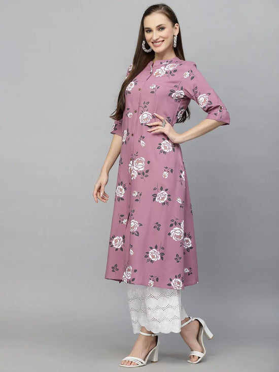 Women's Floral Printed A-Line Kurta-JIOMAUVE-S