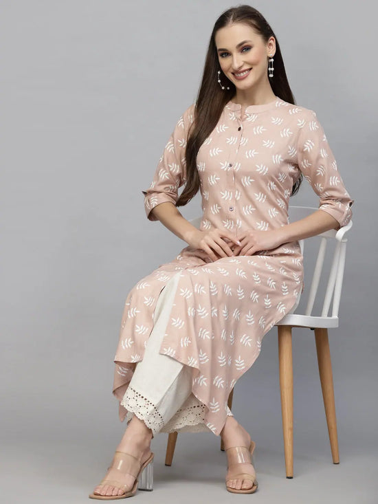 Women's Printed Rayon A-Line Kurta-BEIGENEMO-S