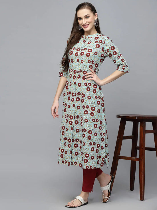 Women's Printed Cotton A-Line Kurta-ALICEICE-S