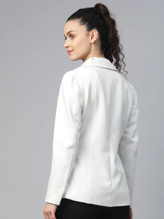 Women Solid Standard White Collared Neck Full Sleeve Jacket