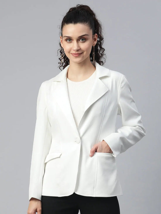 Women Solid Standard White Collared Neck Full Sleeve Jacket