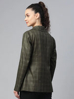 Women Checkered Plus Size Green Collared Neck Full Sleeve Jacket