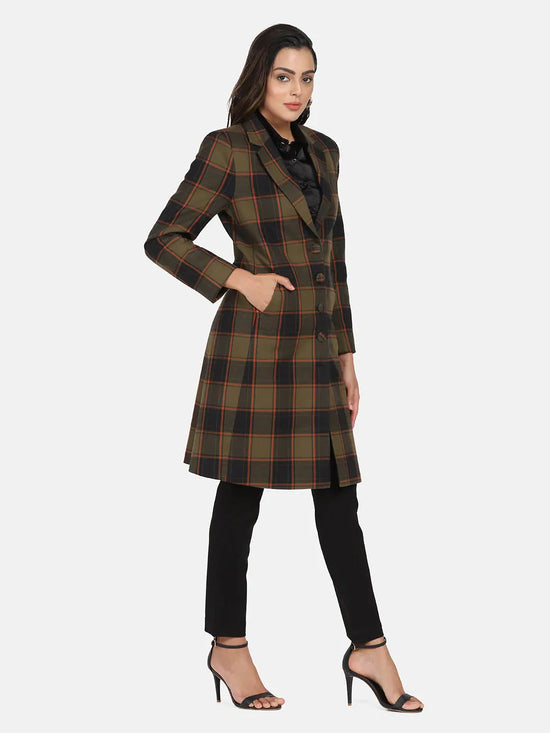 Women Checkered Standard Olive Collared Neck Full Sleeve Jacket