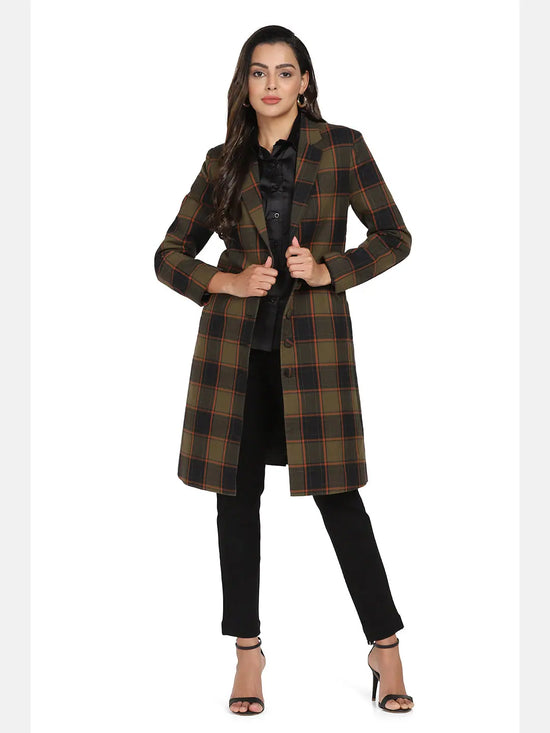 Women Checkered Standard Olive Collared Neck Full Sleeve Jacket