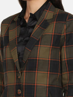 Women Checkered Standard Olive Collared Neck Full Sleeve Jacket