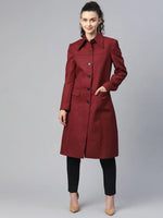 Women Solid Standard Red Collared Neck Full Sleeve Jacket