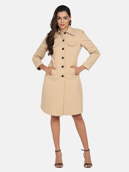 Women Solid Standard Beige Collared Neck Full Sleeve Jacket