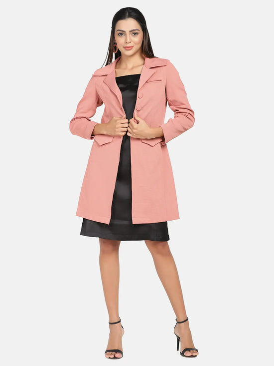 Women Solid Standard Peach Collared Neck Full Sleeve Jacket