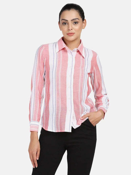 PowerSutra Simple collared shirt - PEACH STRIPES FABRIC