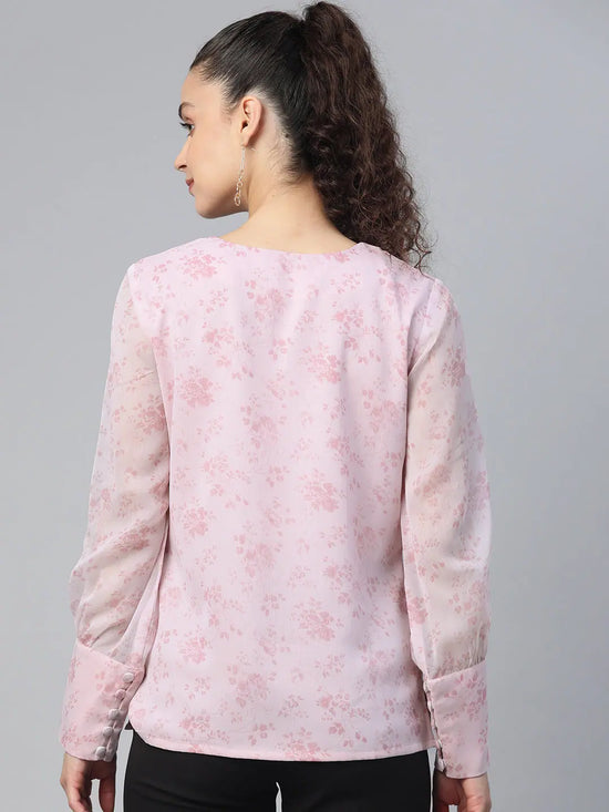 Chiffon Floral Print Top -Baby Pink