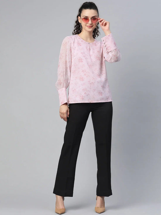 Chiffon Floral Print Top -Baby Pink