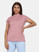 Short Sleeve High Neck Stretch Top for Women- Blush Pink