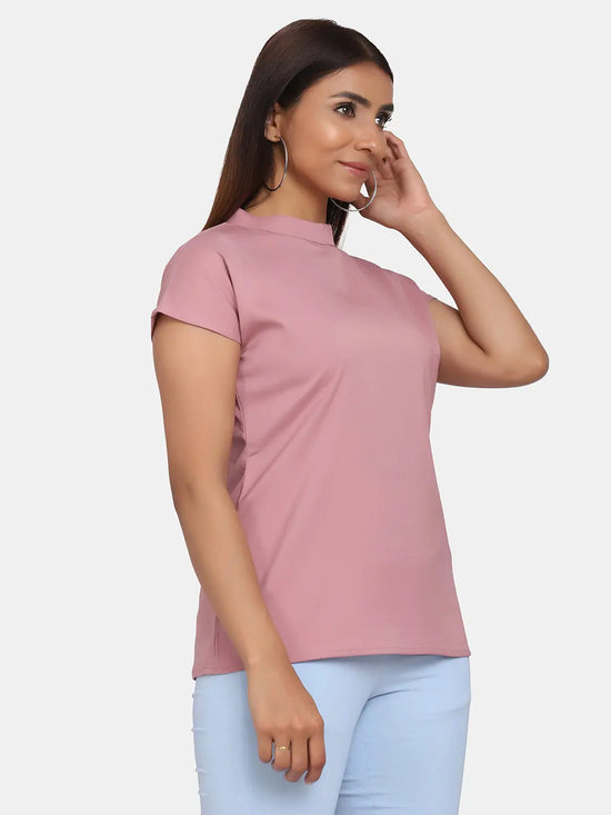 Short Sleeve High Neck Stretch Top for Women- Blush Pink