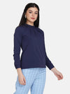 Crepe Sunrays Neck Top - Navy Blue