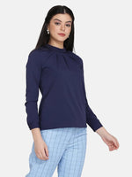 Crepe Sunrays Neck Top - Navy Blue