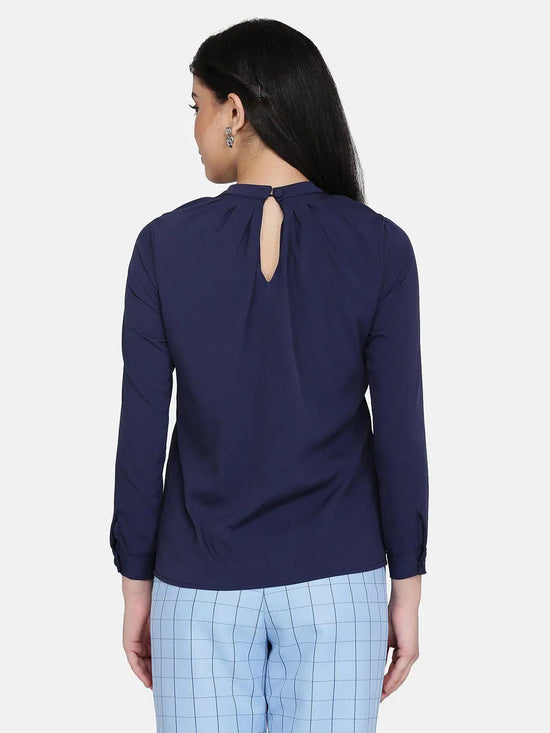 Crepe Sunrays Neck Top - Navy Blue