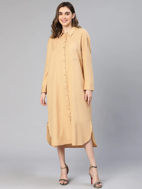 Intersting Beige Button -Down Collared Women Cotton Dress