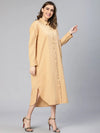 Intersting Beige Button -Down Collared Women Cotton Dress