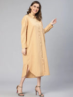 Intersting Beige Button -Down Collared Women Cotton Dress