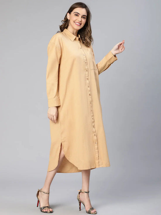 Intersting Beige Button -Down Collared Women Cotton Dress