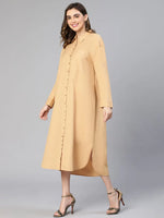 Intersting Beige Button -Down Collared Women Cotton Dress