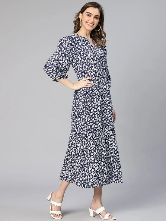 Aqua Blue Floral Print Women Maxi Casual Dress