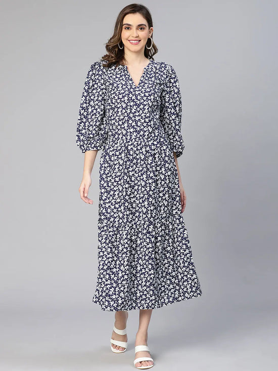 Aqua Blue Floral Print Women Maxi Casual Dress