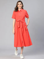 Dollish Red Button -Down Women Cotton Shirt Dress