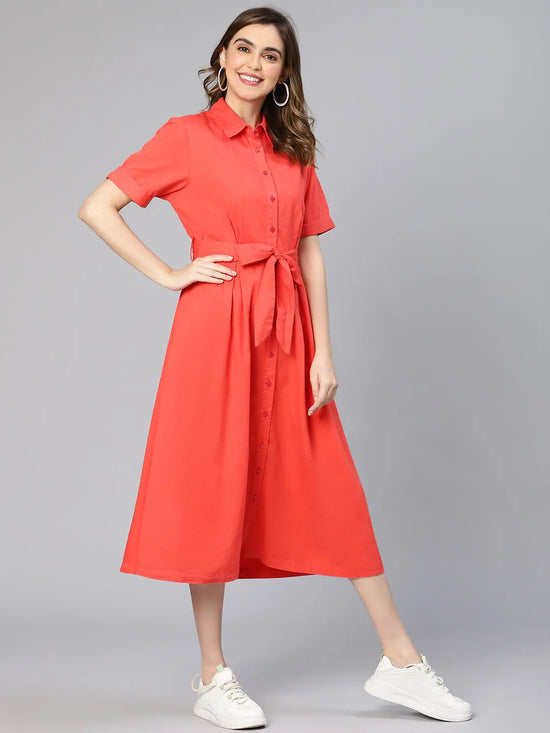 Dollish Red Button -Down Women Cotton Shirt Dress