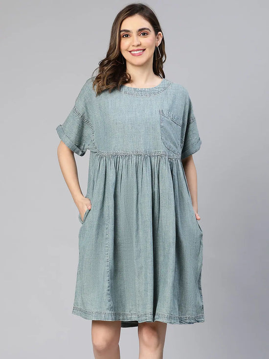 Blue Denim Short Sleeve Women Cotton Boxy Dress