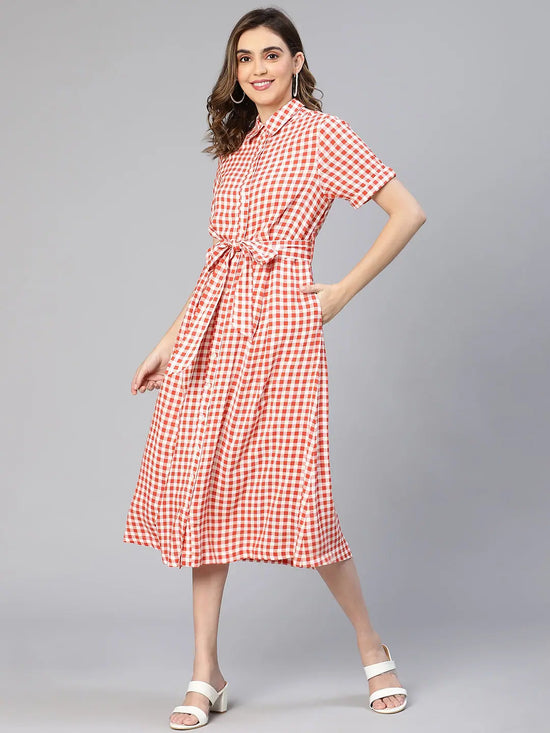 Jolly Red Check Print Button -Down Women Shirt Dress