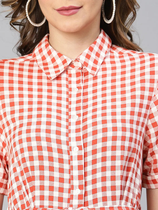 Jolly Red Check Print Button -Down Women Shirt Dress