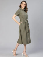 Metallic Green Button -Down Women Cotton Shirt Dress