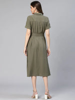 Metallic Green Button -Down Women Cotton Shirt Dress