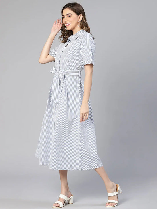 Fairly Blue Stripe Print Button -Down Women Shirt Dress