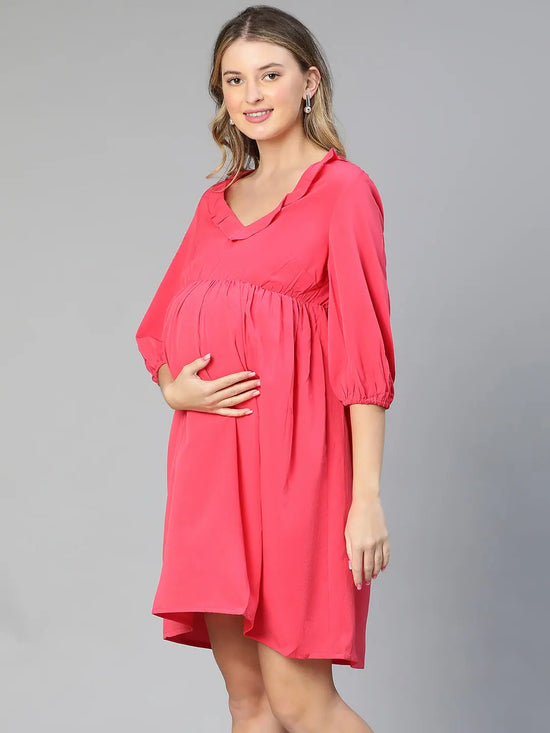 Malicious Pink Round Neck Ruffled Women'S Maternity Dress