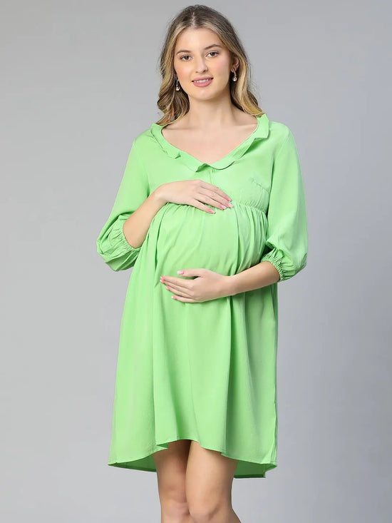 Peak Green Round Neck Ruffled Women Maternity Dress