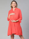 Right Red Collared Women Maternity Dress