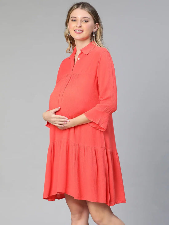 Right Red Collared Women Maternity Dress